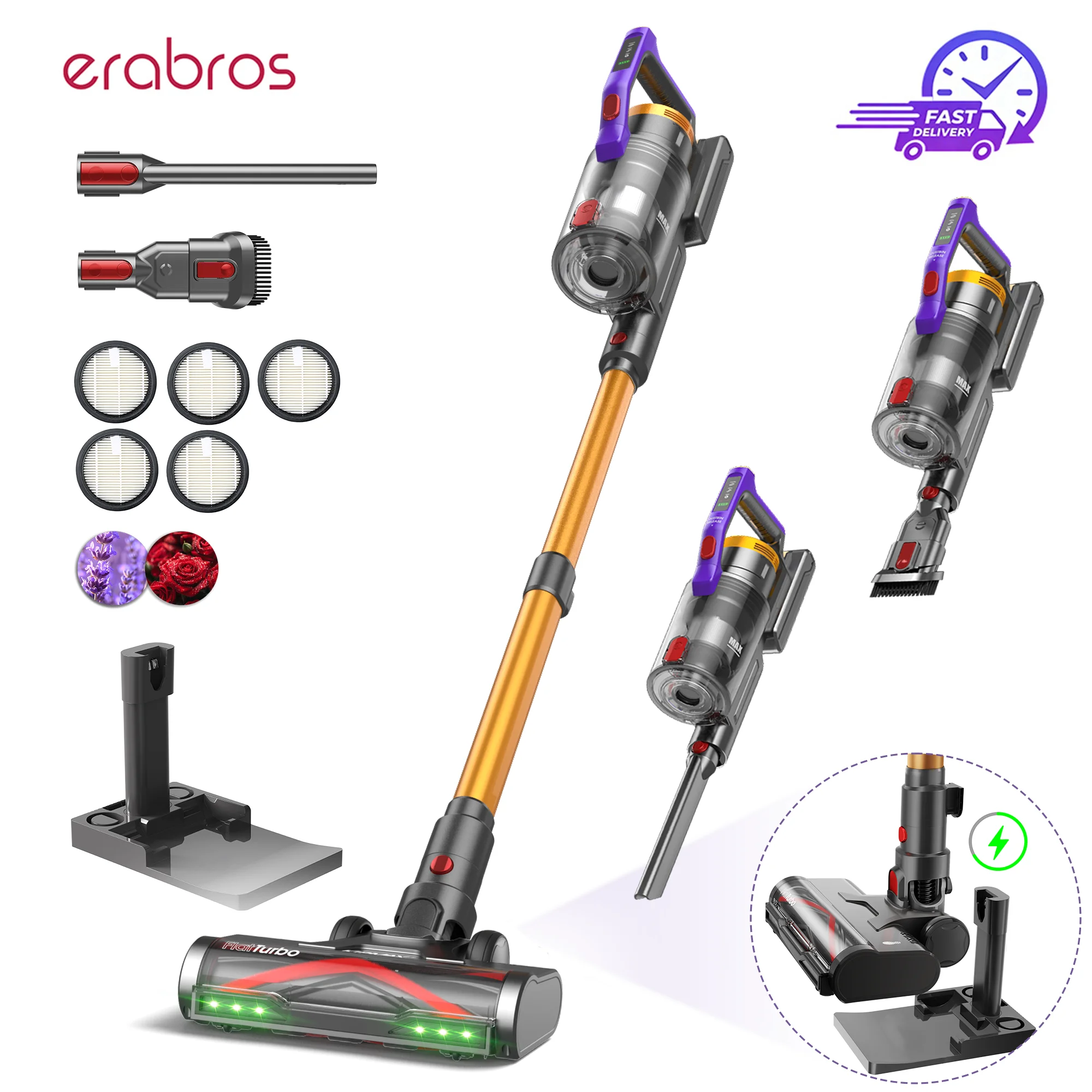 Erabros EV7 draadloze stofzuiger, 70KPa zuigkracht, 550W motor, 70 minuten gebruiksduur, oplaadstation, steelstofzuiger met aromadesign