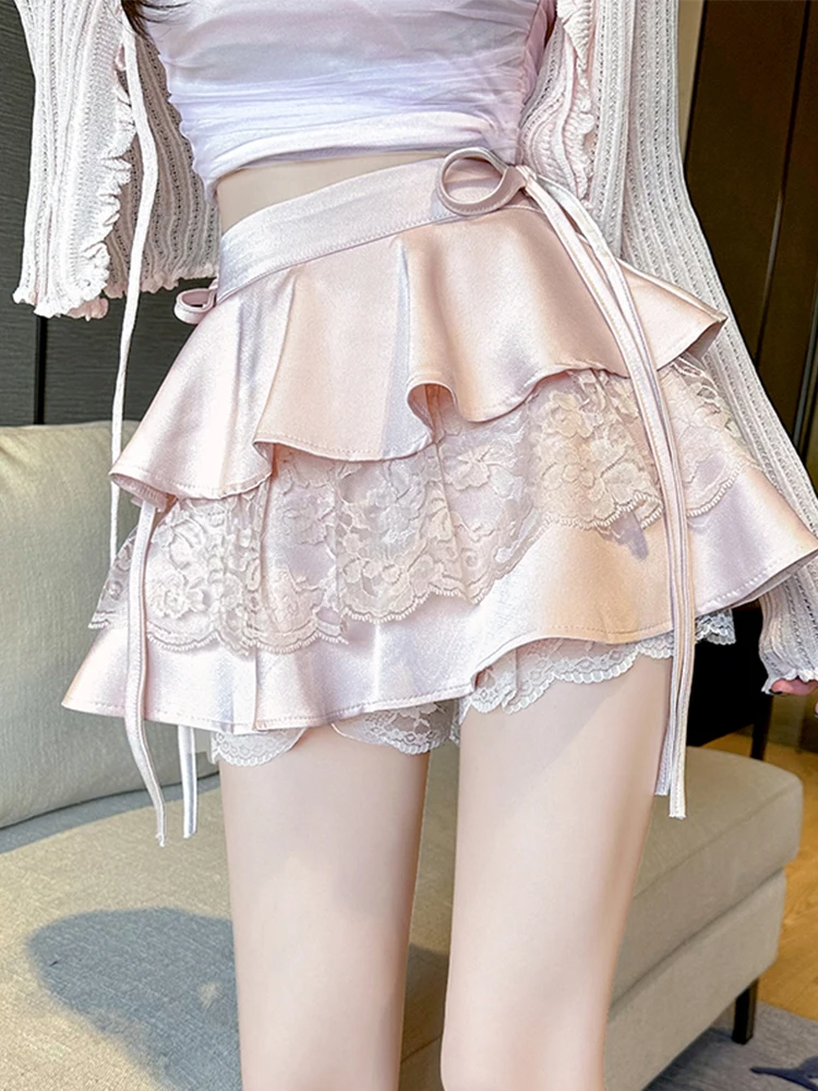 

2025 Women's Summer Pong Lace Edge Mini Half Skirt Women's New High Waist Cake Mini Skirt Design Sense A-line Short Skirt