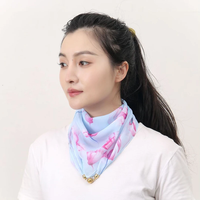 Women Versatile Lazy Scarf Magnetic Snap Square Scarf Small Gold Ball Silk Chiffon Multi-functional New Spring Summer Versatile