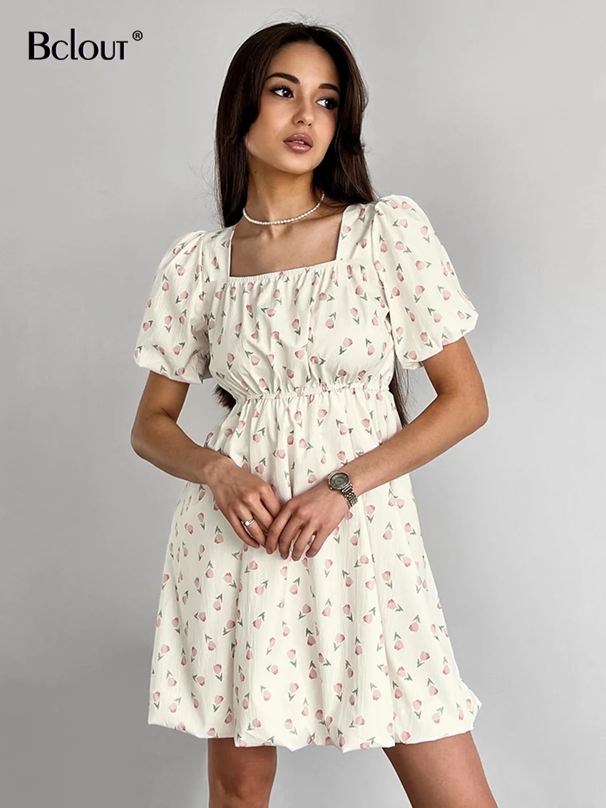 Bclout Summer Print Dresses Female 2024 Elegant White Puff Sleeve Pleated A-Line Dresses Vintage Square Collar Mini Dress Women