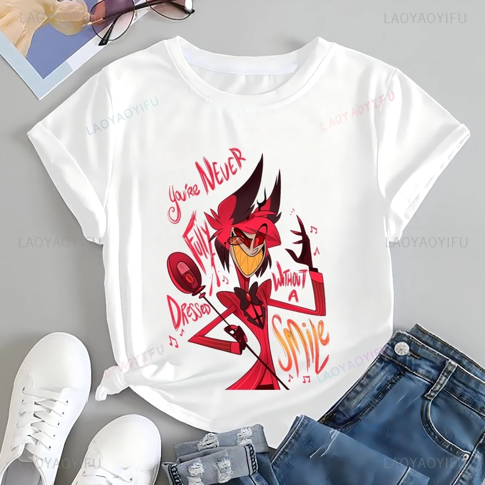 الكلاسيكية الرسوم المتحركة Hazbin فندق نمط طباعة أزياء تي شيرت، للجنسين عارضة الشارع الشهير، الربيع / الصيف أعلى القطن تي شيرت