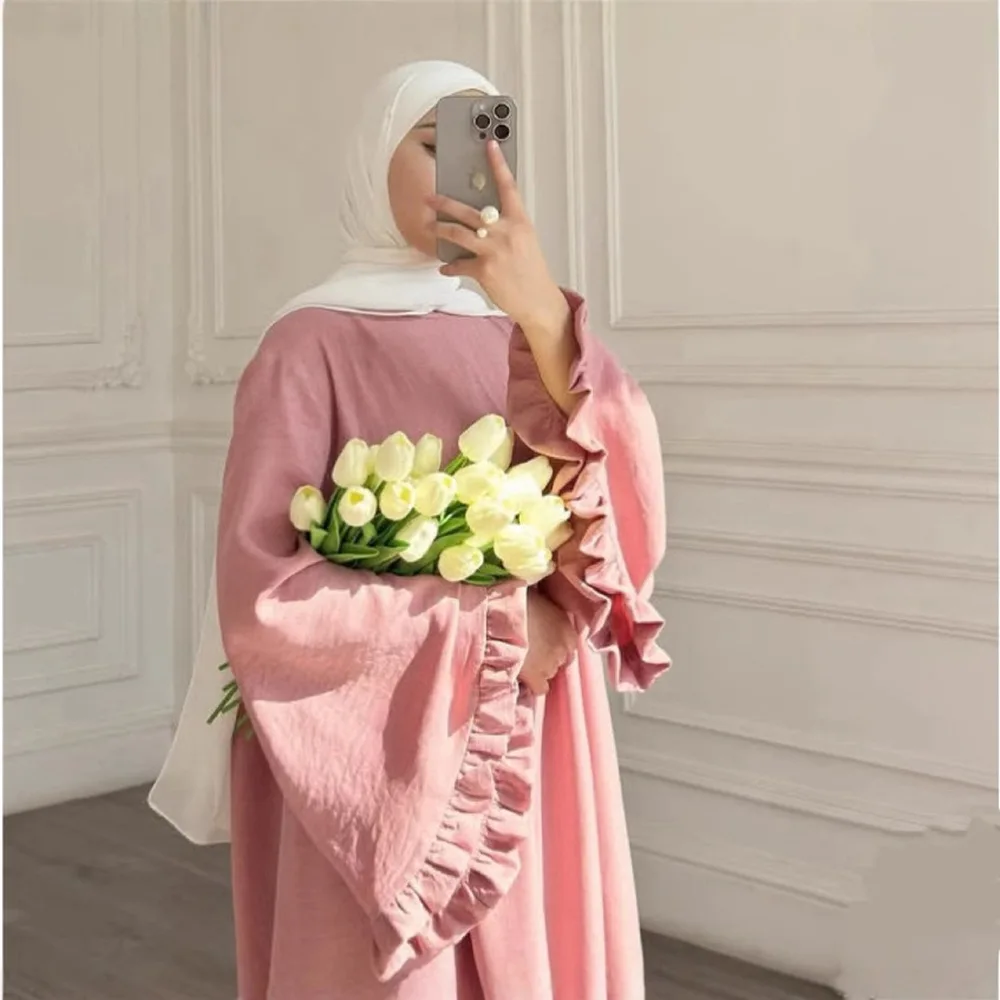 

2025 New Muslim Women Maxi Dress Ruffle Flare Sleeve Abaya Dubai Kaftan Turkey Robe Caftan Marocain Femme Islam Jalabiya Abayas