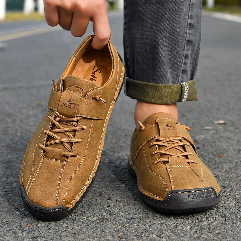 New all-season large-size short boots for men, hand-stitched leather shoes, casual cross-border men's slip-on shoes