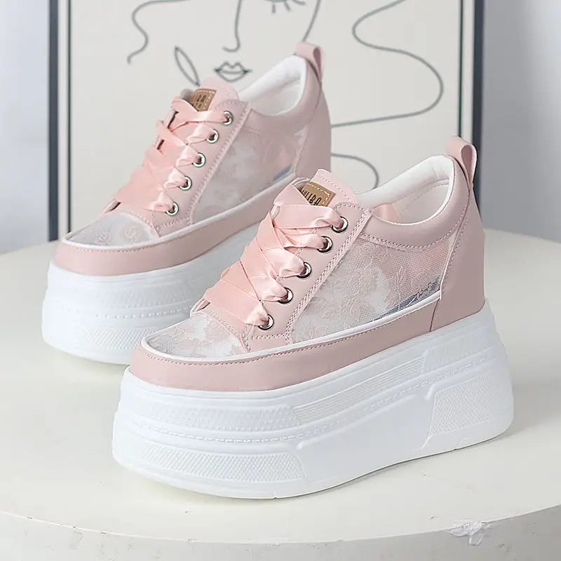 New 12CM Lace Air Mesh Chunky Sneakers Wedge Platform Breathable Hollow Vulcanized Summer Fashion Cow Genuine Leather Ladies