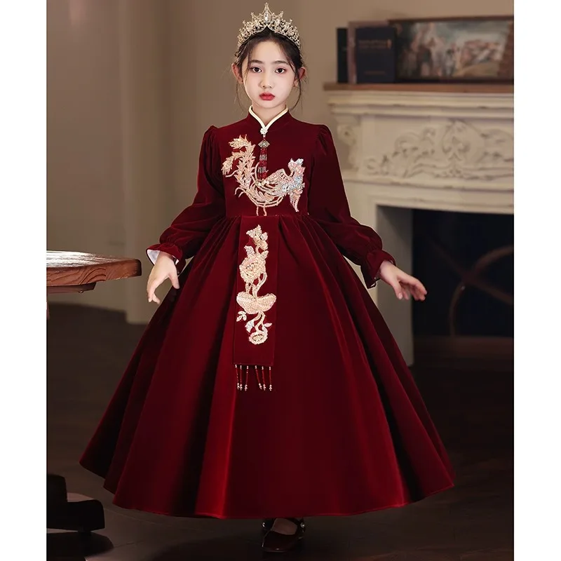 Girls' High-End Dress Children's Chinese Style Birthday Princess Dress Little Girl Spring New Year Clothes High-Grade Fleece-lin
