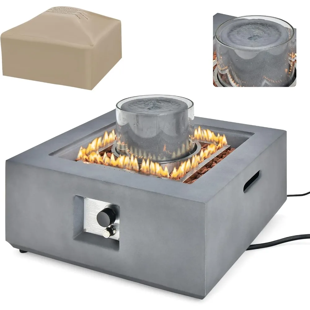 

Fountain Fire Pit Table - 50,000 BTU Square Fire Table w/Middle Fountain, Wind Glass, Stainless Steel Burner, PVC Cover, CSA &