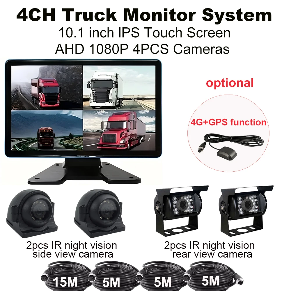 10.1 Inch Screen Car/RV/Bus/Truck AHD Monitor System 1080P Vehicle 4 Channel Camera Reversing Parking Recorder SD Card Display