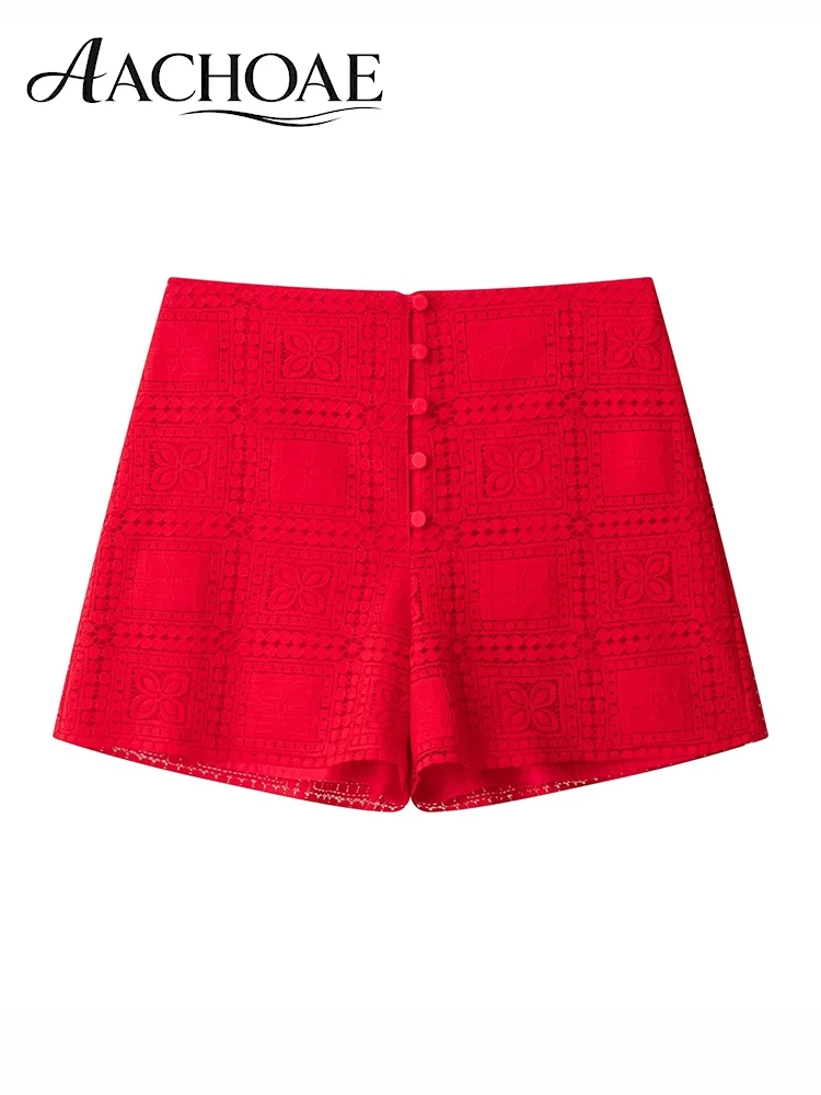 AACHOAE Women Lace High Waist Shorts Embroidered Eyelet Shorts Button Front Tailored Summer Shorts Vacation Resort Bottoms