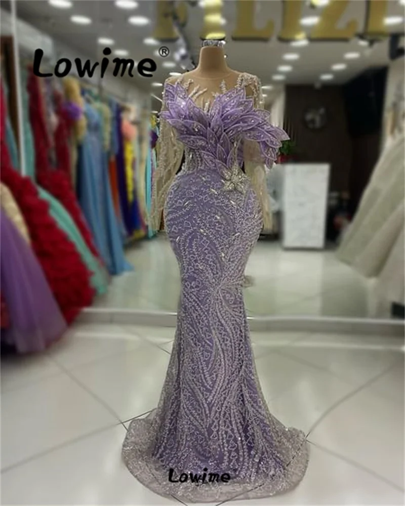 Abendkleider Purple 5D Leaf Aso Ebi Crystal Mermaid Prom Dresses Sequined Evening Formal Party Second Reception Engagement Dress