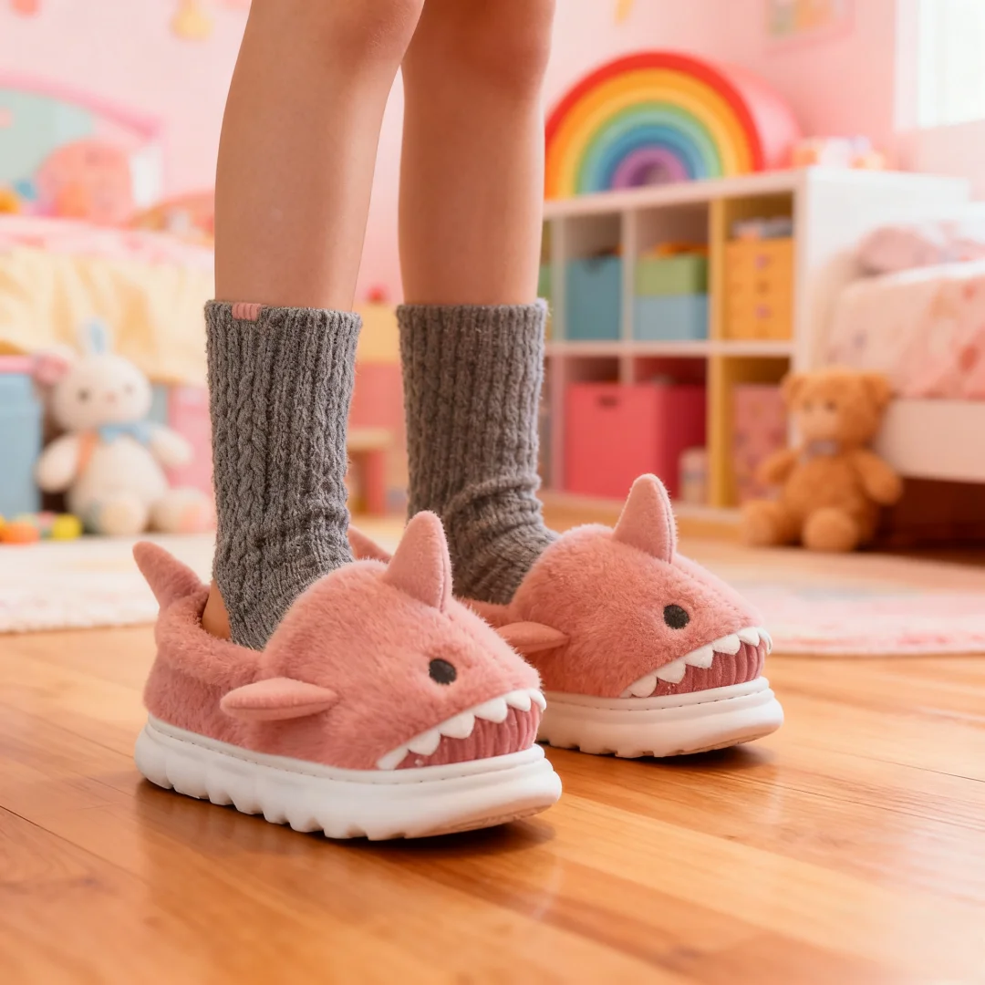 Sandal Anak-anak Sepatu Rumah Sepatu Musim Dingin Hiu untuk Anak-anak Bulu Katun Hangat Anti-selip Sol Lembut Sepatu Biru Oranye Ukuran 24-36