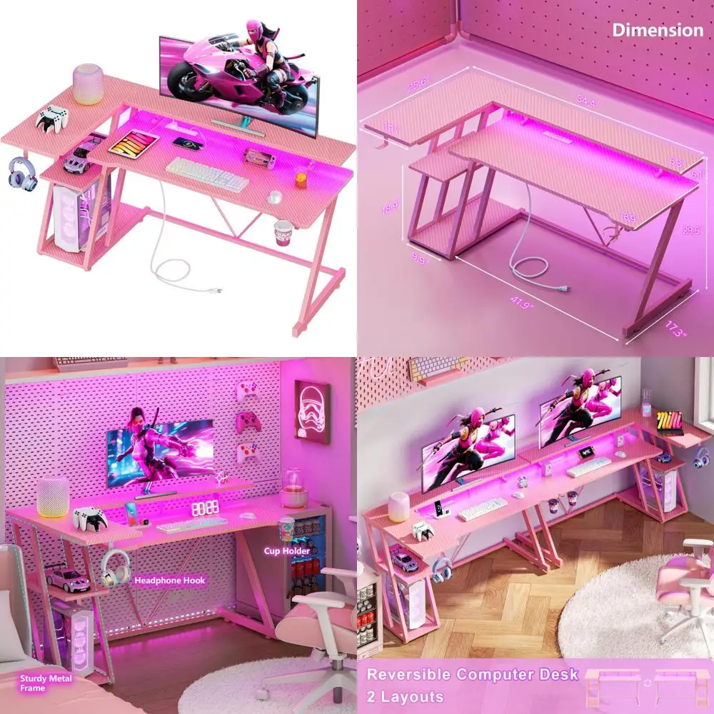 

L-образный розовый игровой стол со светодиодной подсветкой и 3-уровневым хранилищем, 55-дюймовый угловой компьютерный стол с розеткой