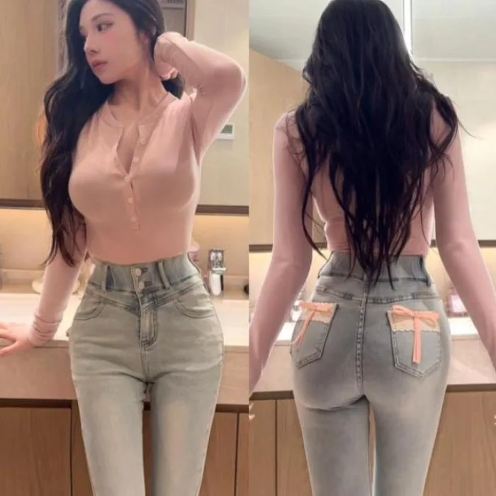 Sexy High Waist Butt Lifting Slimming Jeans Korean Cartoon Body Shape with Hip Pad Back Pocket Lace  Knot Trendy