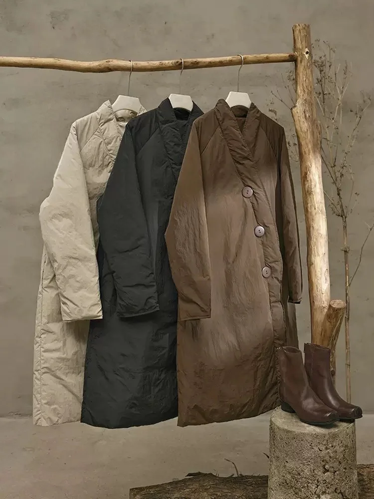 

New Chinese Style Loose Silhouette Mid-Length Duck down Jacket 90 White Duck Feather Warm Thickened Long Sleeve V-Neck Coat