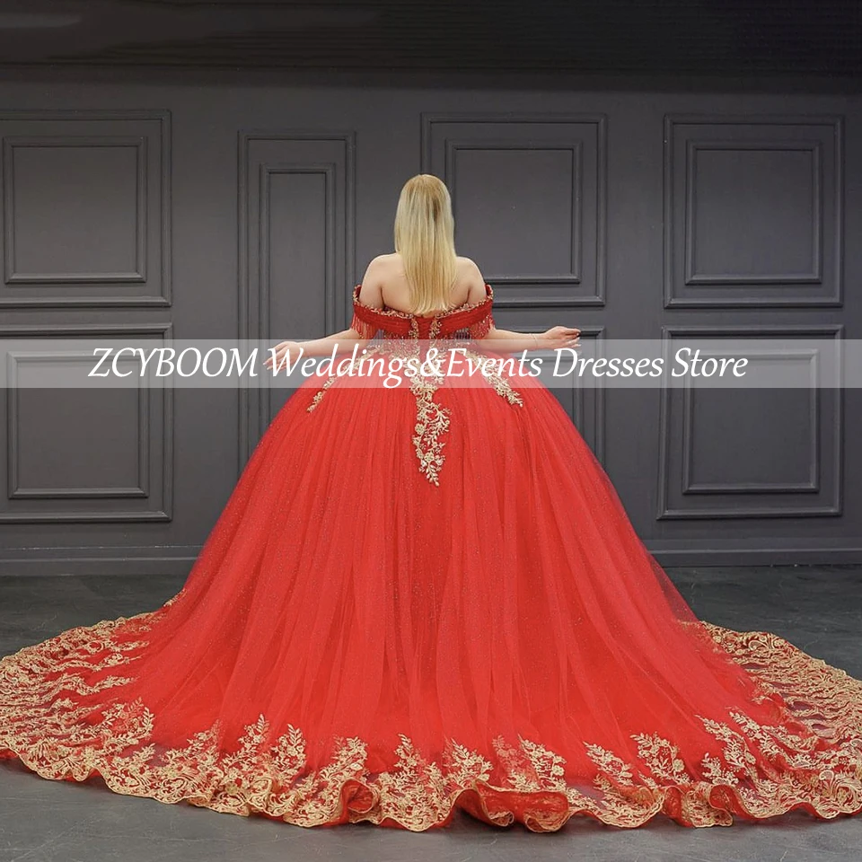 Customized Red V-Neck Open Back Appliques Beaded Quinceanera Evening Dress 2024 Ball Gown Floor Length Sweep Train Prom Dress