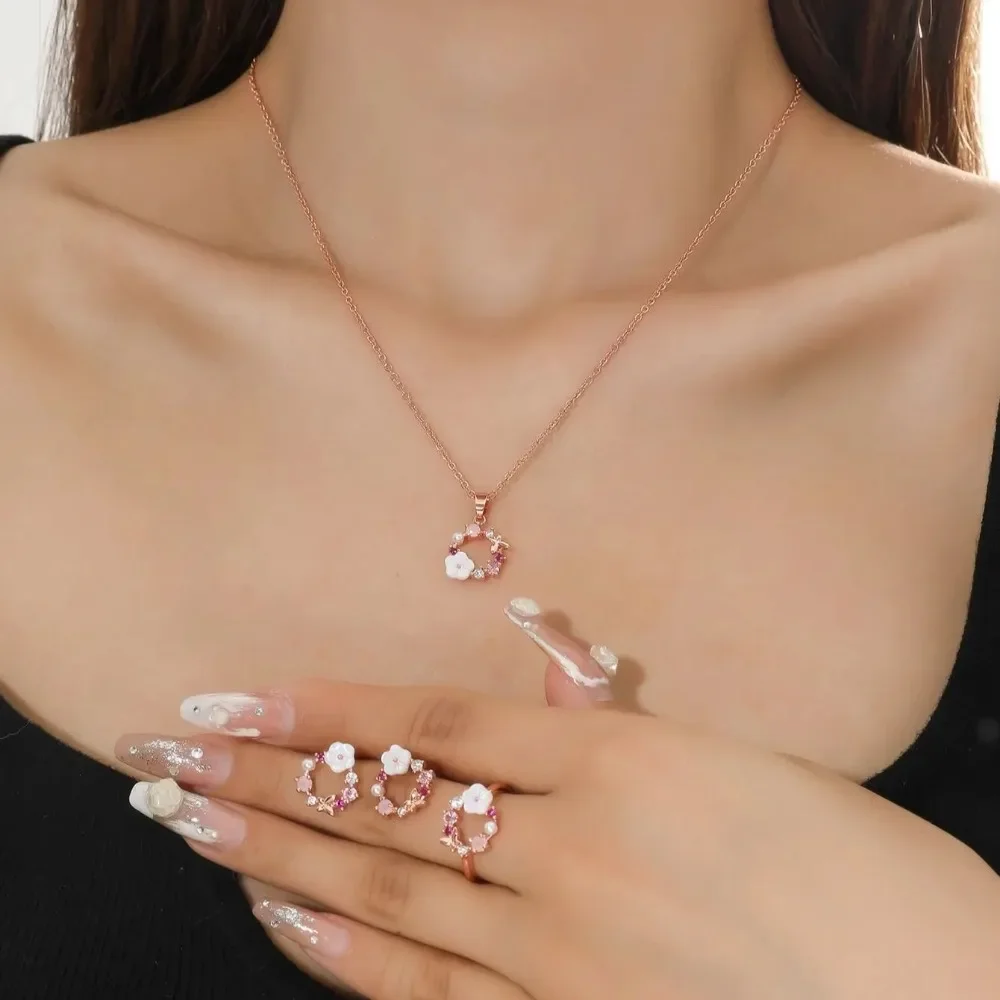 4 Pieces Rose Gold-color Lady Flower Fashion Accessories Zircon Simple Ornate Exquisite Necklace Ring Earrings Jewelry Set