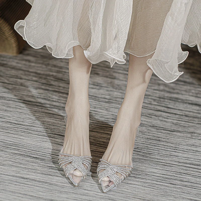 Designer Brand Women Pumps Rhinestones High Heels Transparent Sandals Slingbacks Pointed Toe Party Bride Wedding Shoes Ladies