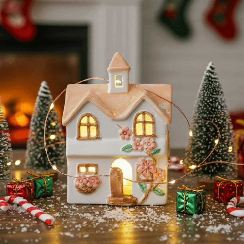 Colorful Ceramic House Nightlight Button Cells Battery-operated Creative Light Up Miniature House Compact Warm-glow