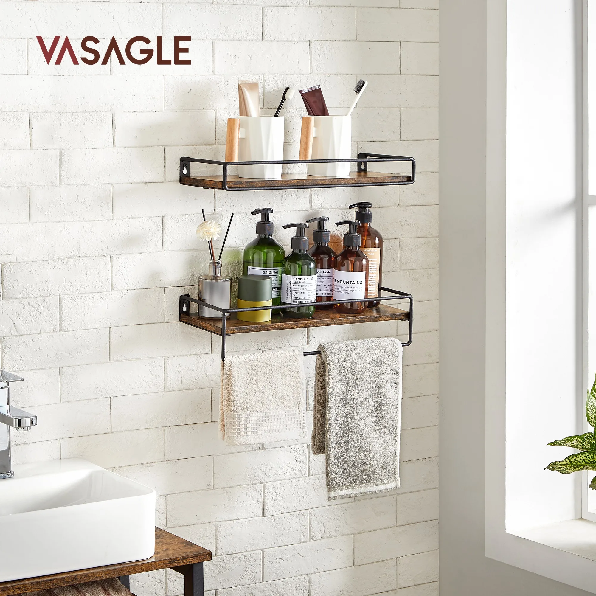 VASAGLE Set of 2 Wall Shelves,Floating Shelves with Rod,Hanging Shelves,for Kitchen, Bedroom, Living Room,Rustic Brown and Black