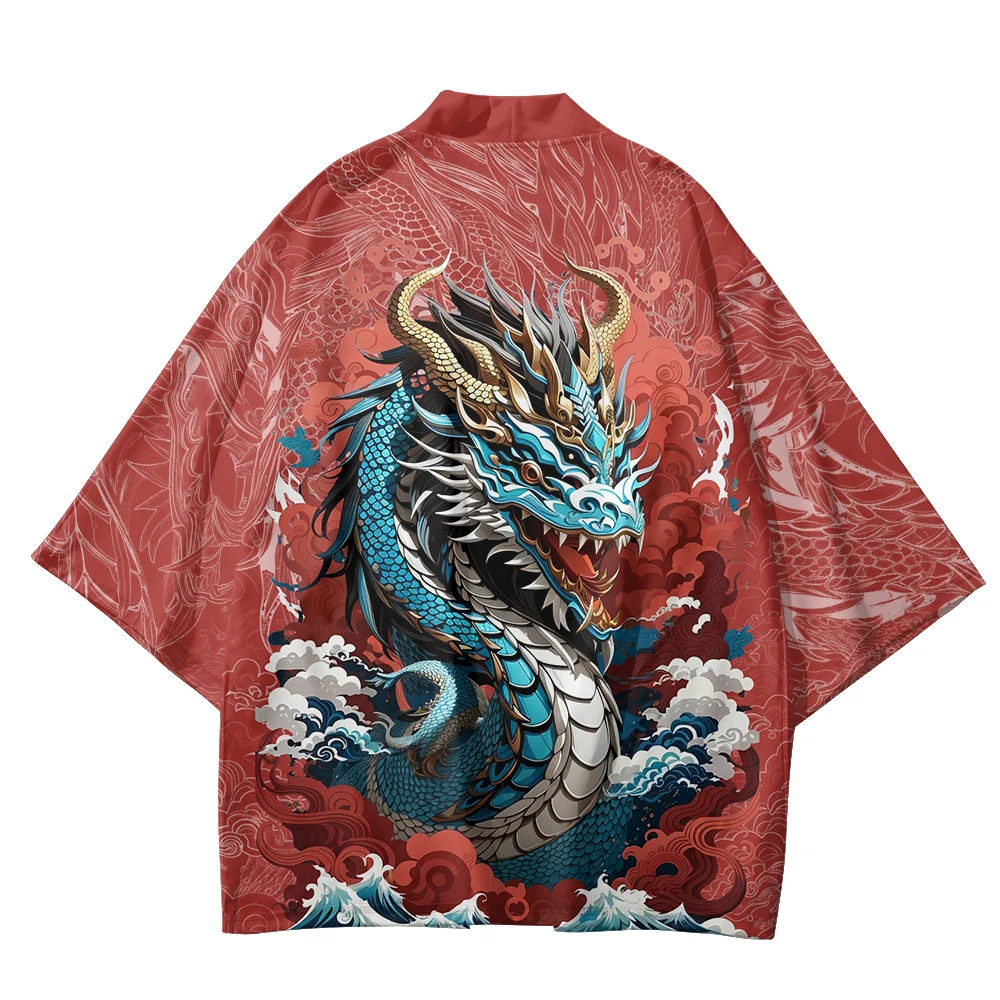 Summer Kimono Men Hawaiian Shirt Beach Cardigan Lucky Dragon Kimono Fashion Women Yukata Japanese Clothes Bathrobes Haori