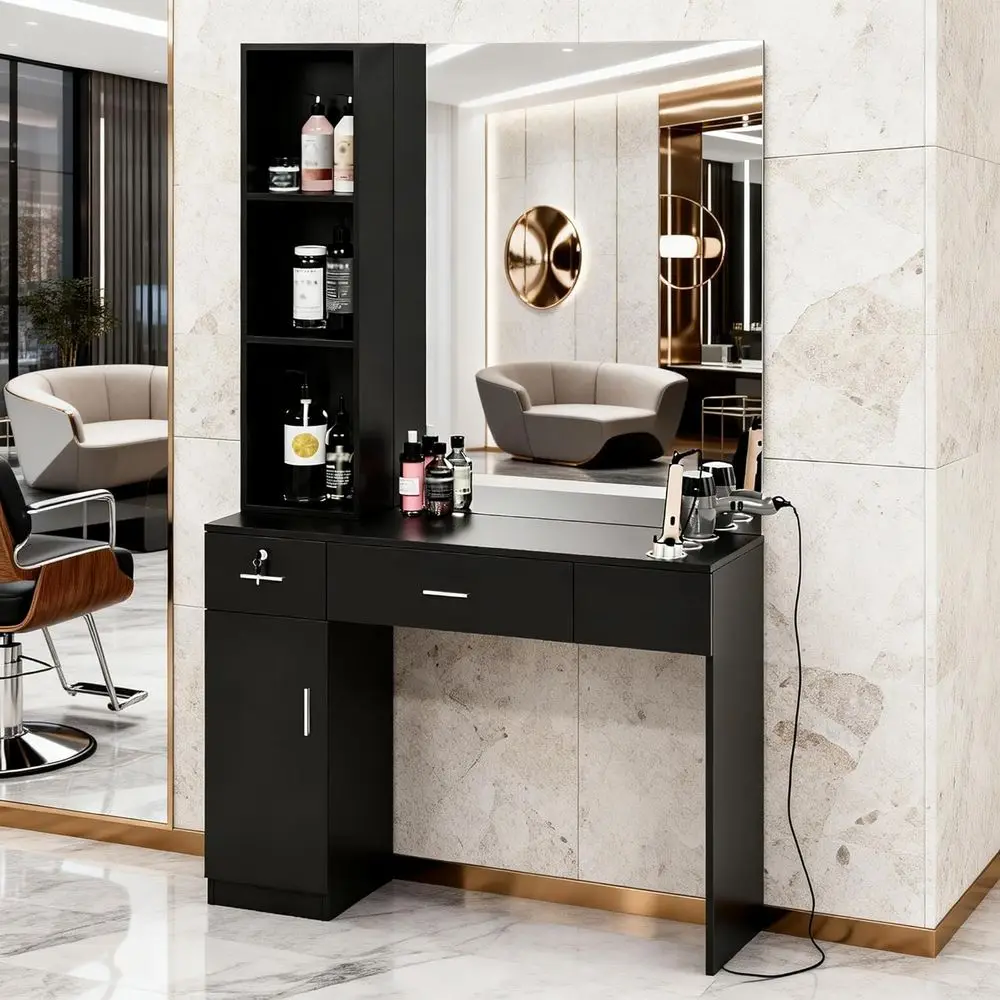 meeir Wall Mount Hair Styling Barber Station with Support Leg & Mirror,Hair Sn Equipment, Spa urniture Set (Black)