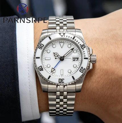

NH35 GMT Automatic Watch White Dial Ceramic Bezel Stainless Steel Case Sapphire Crystal 100m Water Resistant