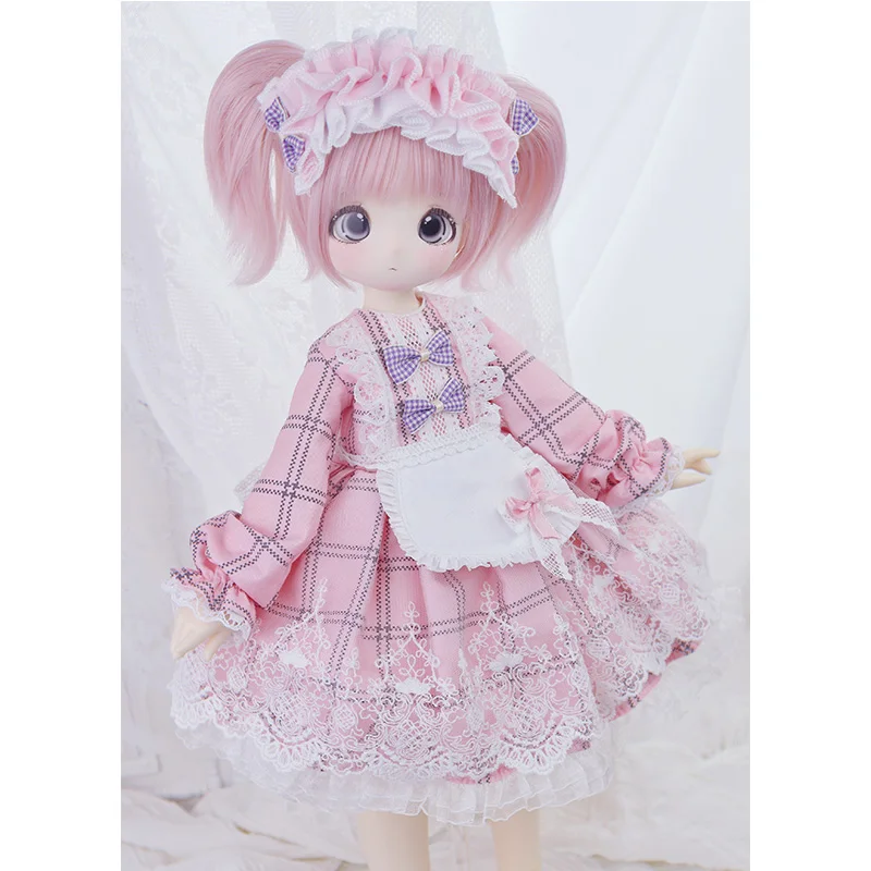 Vestido xadrez rosa bonito para menina, conjunto de roupas de boneca BJD, tamanho Blyth, acessórios, três pontos, 1/4, 1:6