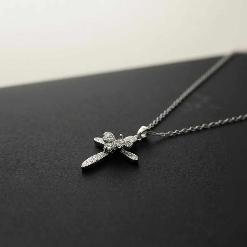 Artistic Silver Tone Copper Pendant Necklace, Butterfly Zircon Geometric Cross Decor Jewelry for Party & Special Gift Selection