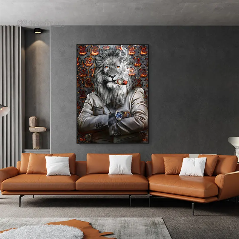 The Rich Businessman Mr. Lion King Smoking Dollar Cigarette Canvas Painting Luxury Animal Wall Art Poster Picture for Home Decor