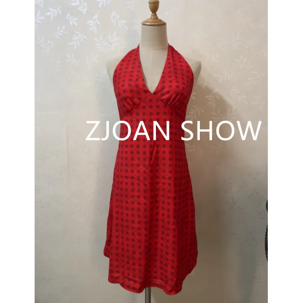 2024 Sexy Red Polka Dot Print Bow Halter V Collar Backless Mini Dress Women Slim Waist A-line Short Robe Holiday