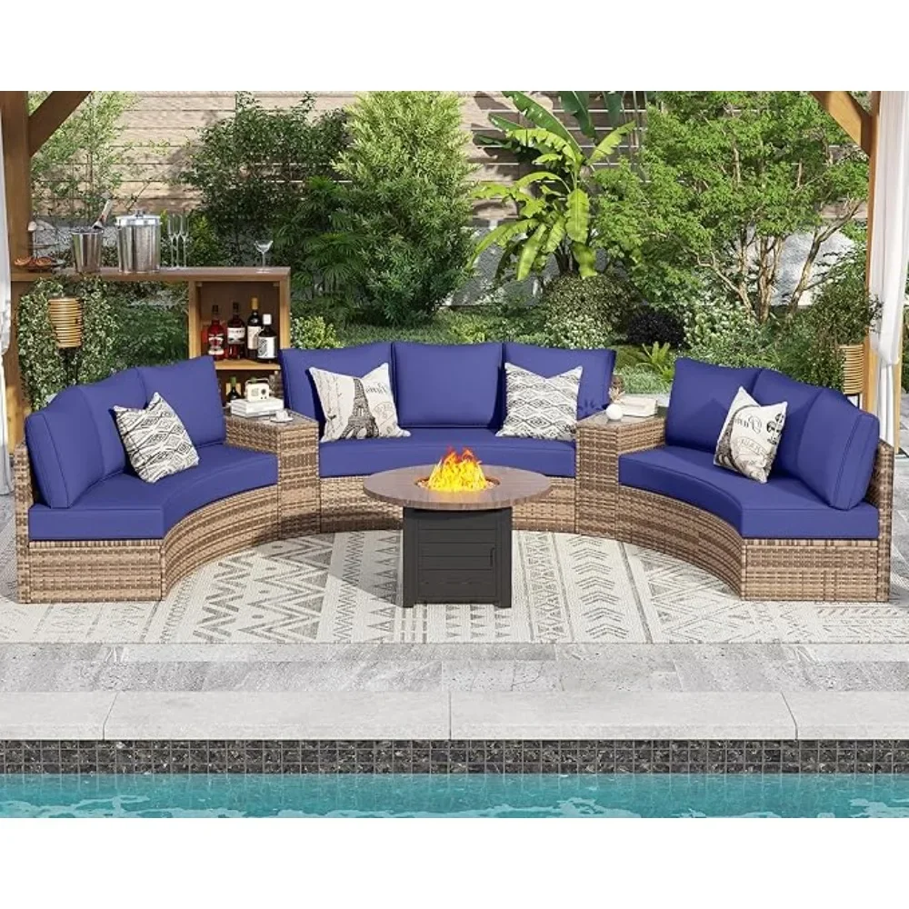 

Patio Conversation Set, with Large Storage Wedge Table Wicker Sofa Set, 7 Piece Half-Moon Sectional Round Patio Furniture Set