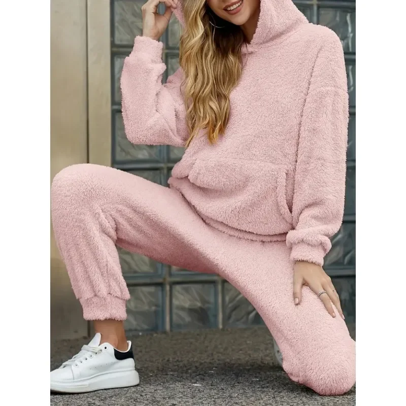 Elegant Long Sleeve Pocket Loose Hoodies Pants Suit 2024 Teddy Plush Outfits Homewear Autumn Winter Women Fleece Two Piece Set