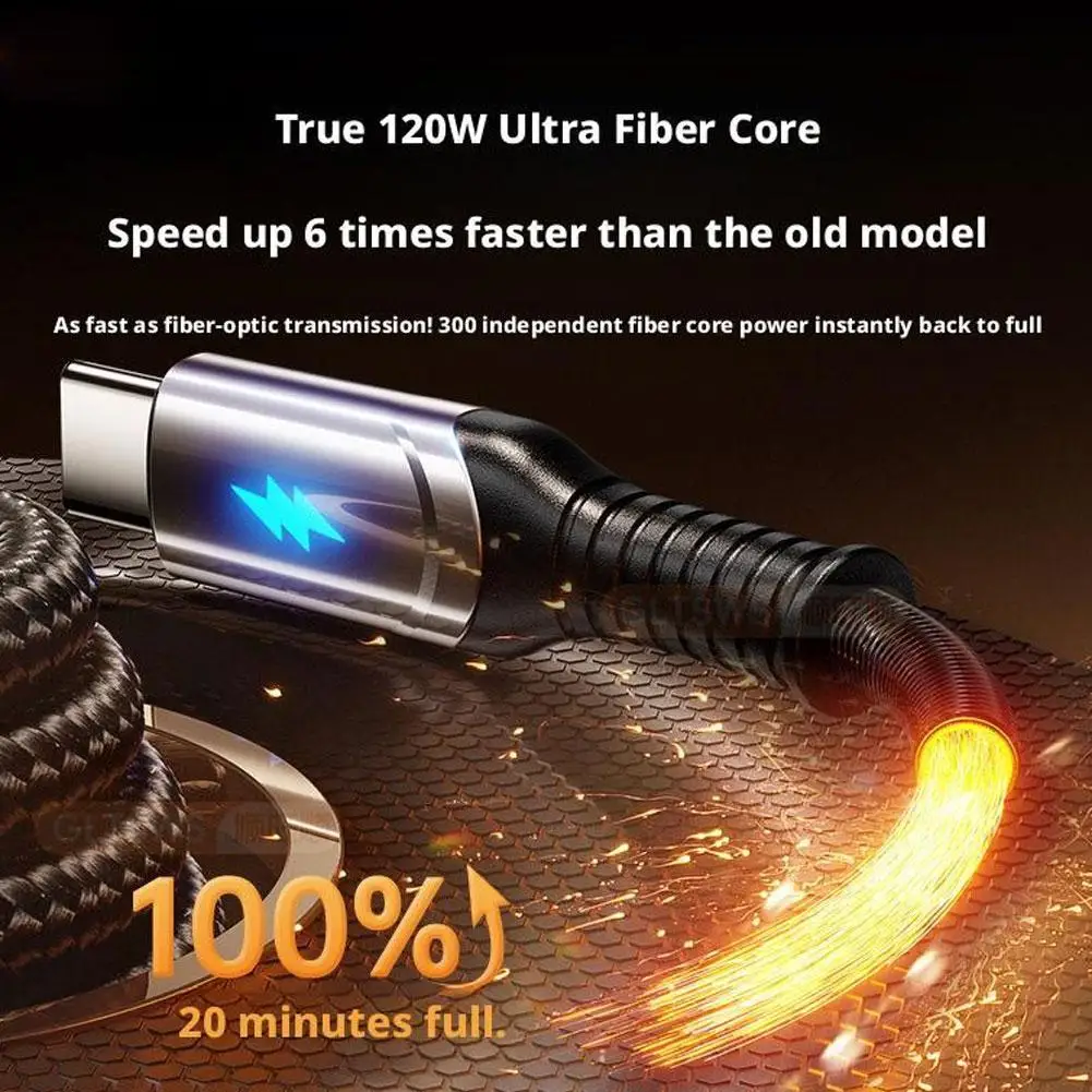 120 واط 6A نوع-C شحن سريع كابل بيانات التلقائي انقطاع التيار الكهربائي الحبل دائم مضفر شحن شاحن النايلون نوع-C البيانات بروتيك E1K8