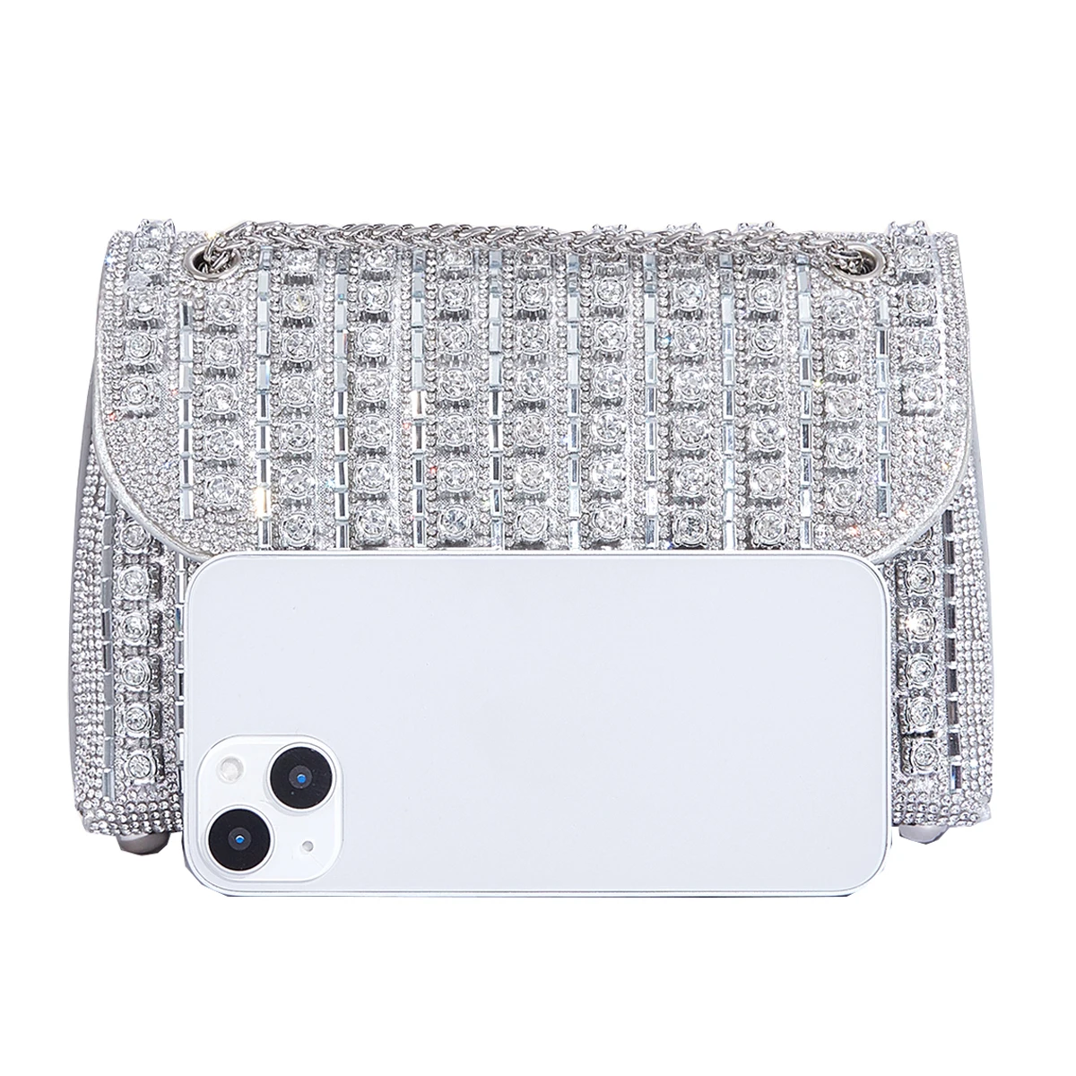 Full Rhinestone Women\'s Chain Bag Casual Silver Crossbody Bag Color Shoulder Bag Fashion Mobile Phone Bag Party Clutch Bag