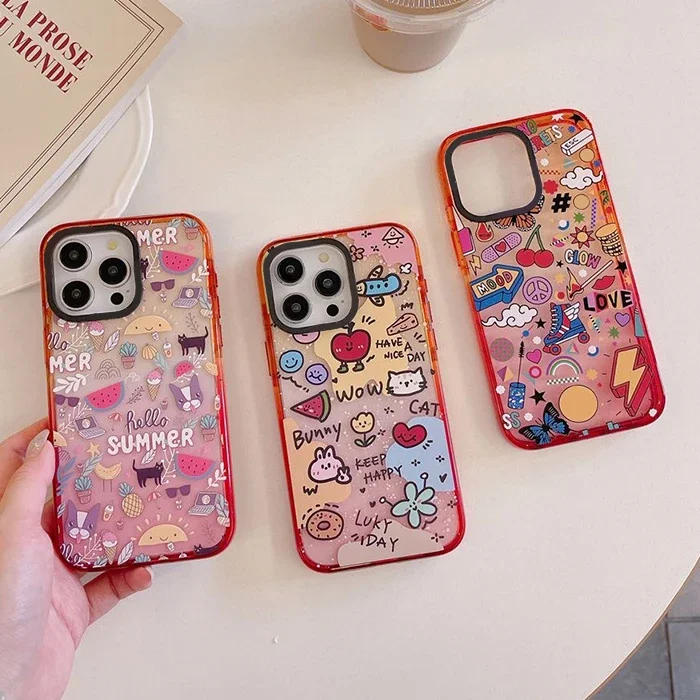 

Cartoon Graffiti Peach Gradient Border 2.0 Acrylic Phone Case Cover for IPhone 11 12 13 14 15 Pro Max Case