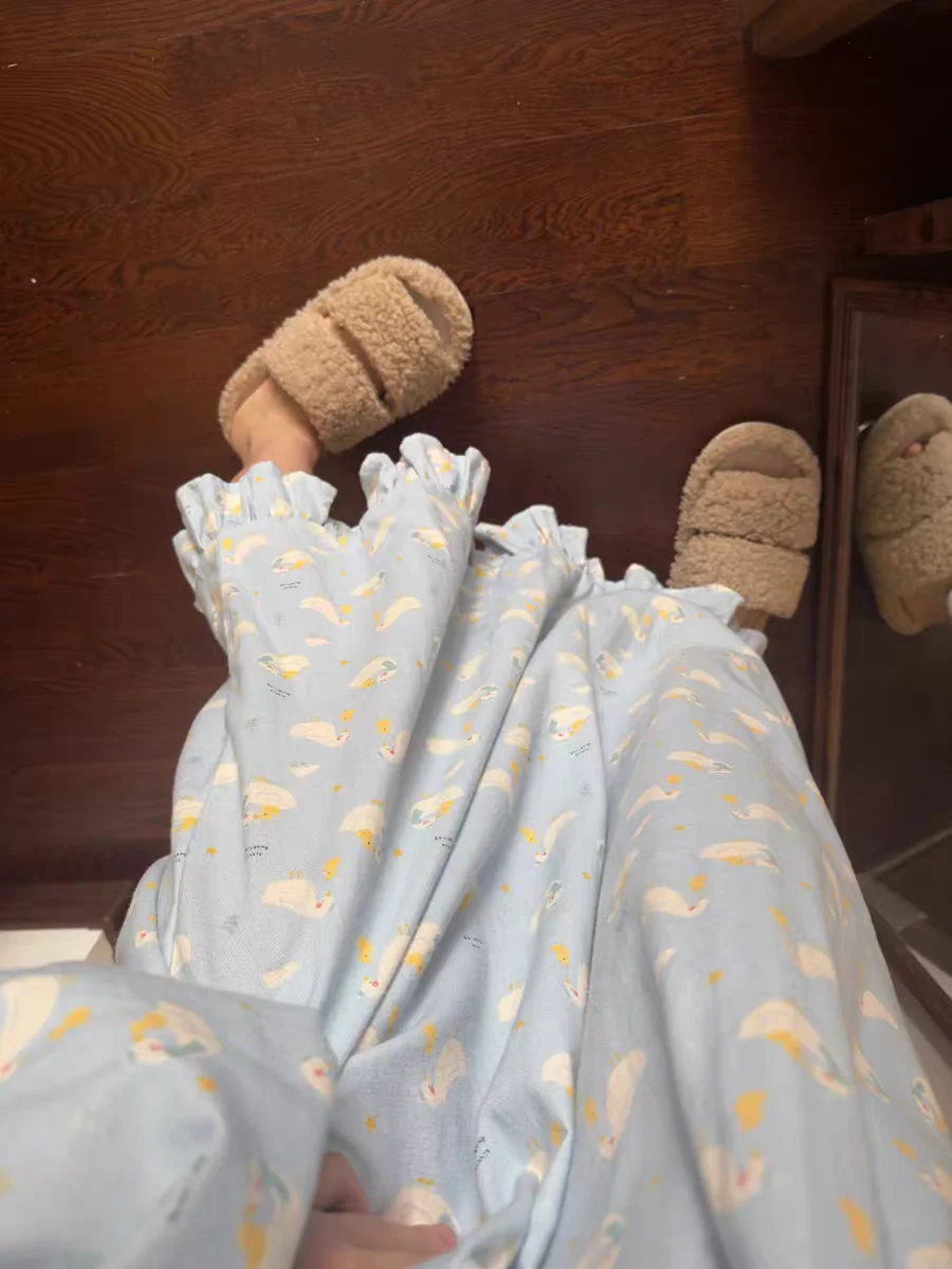 Baju Tidur Wanita Lengan Panjang Wanita Leher Bulat 2XL Set Piyama Ukuran Plus Setelan Pakaian Rumah Manis Motif Kartun Musim Semi Wanita