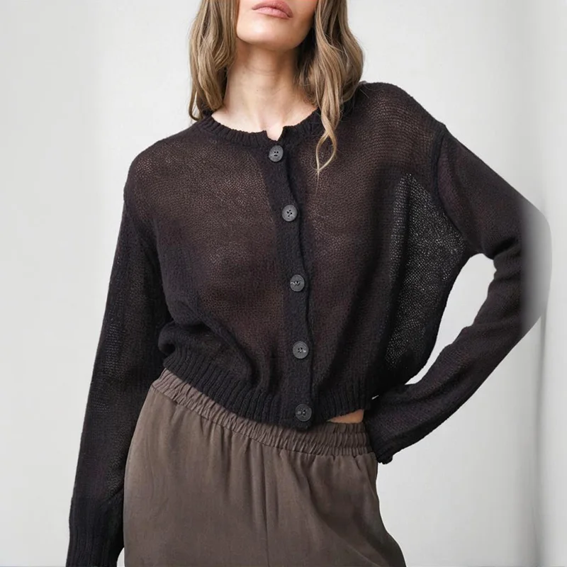 Tornova Casual Hollow Knitted Cardigan Women's Sexy See Through Thin Sweater Coat Solid Long Sleeve O neck Lady Fashion Outwear