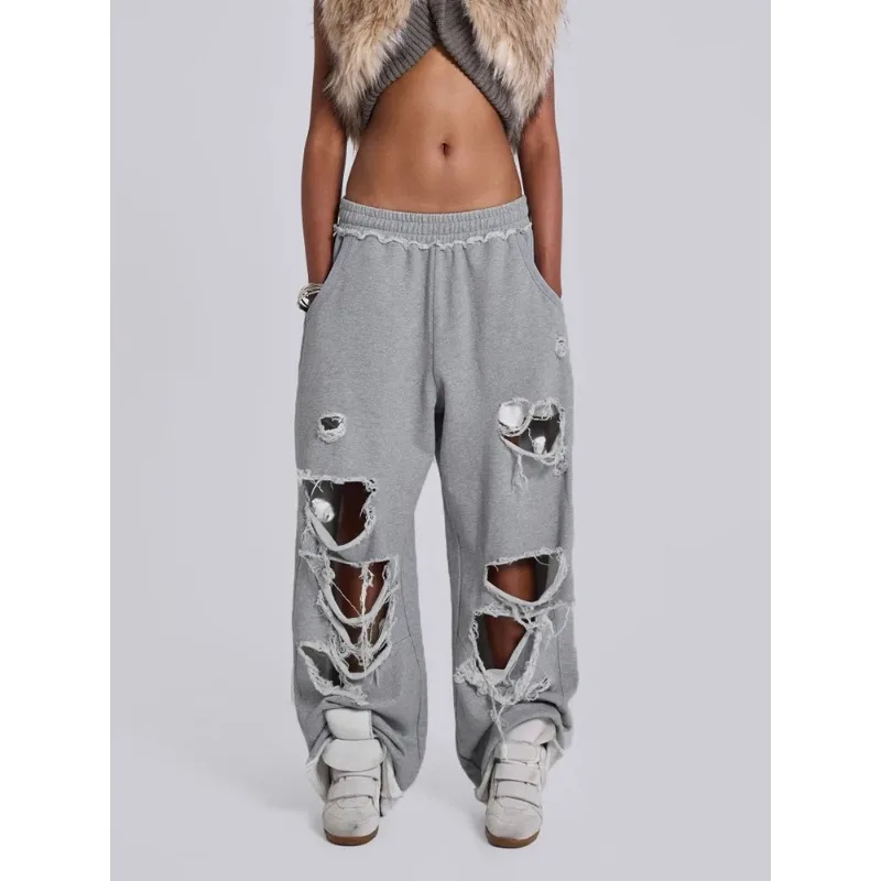 Deeptown Y2k Gray Hole Women Pants Jogging Wide Leg American Retro Hip Hop Sweatpants Solid Color Baggy Casual Streetwear Summer