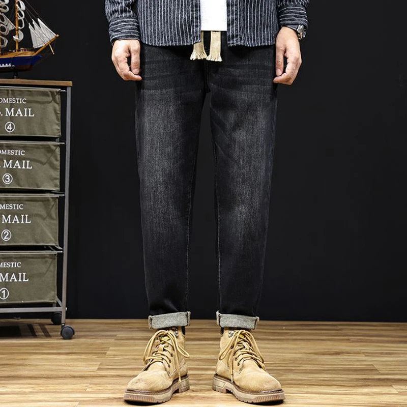 جينز خريفي وشتوي مقاس كبير بخصر مطاطي للرجال، فضفاض بأقدام صغيرة ورباط بالإضافة إلى بنطال هارون متعدد الاستخدامات