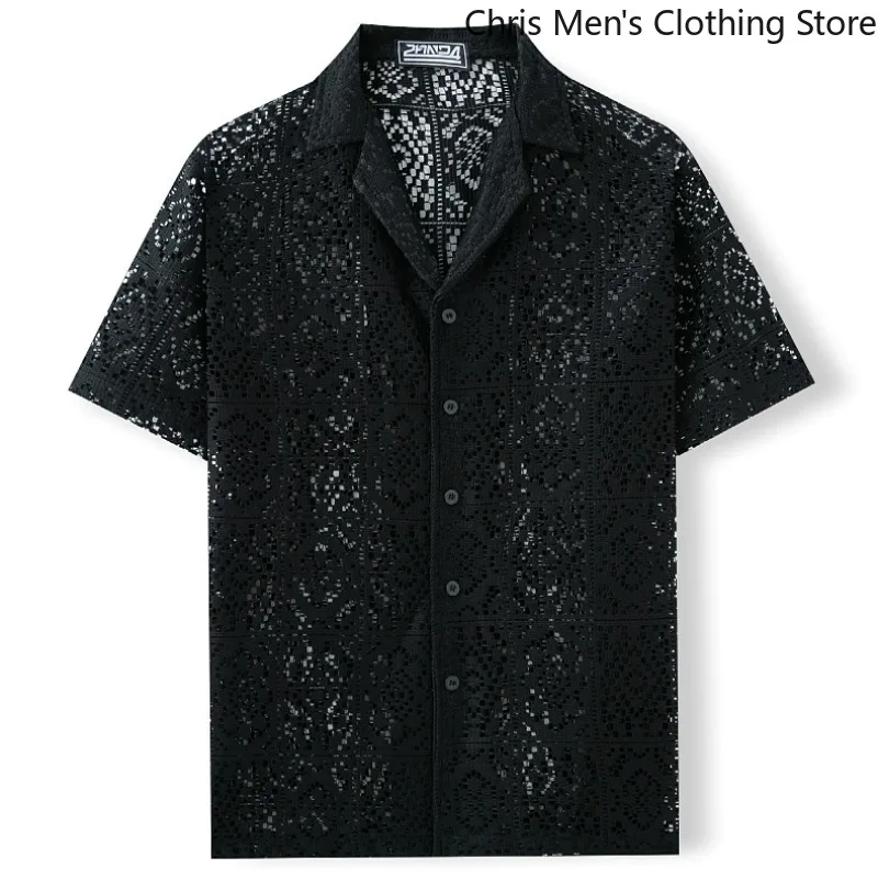 

Sexy See-through Casual Breathable Mesh Vacation Top Men's Hollowed-out Short-sleeved Shirt Nightclub Party Trend Battle Shirt