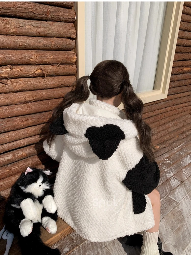 Original Sweet Girl Little Cat Embroidery Fleeced Thick Women's Winter Jackets Coat Loose Casual Zipper Warm Hoodies Sweatshirts