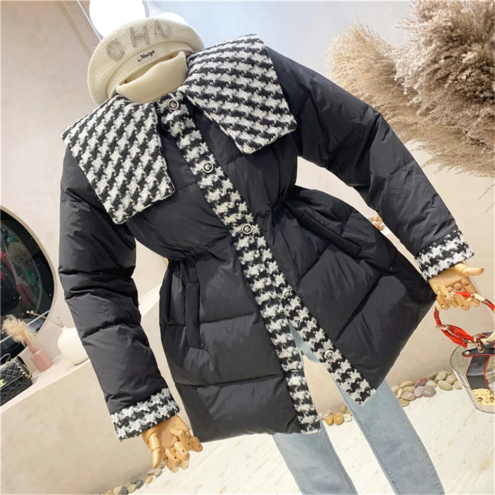 2025 inverno feminino pato branco para baixo jaqueta de inverno novo coreano costura temperamento para baixo jaqueta feminina engrossar casaco puffer