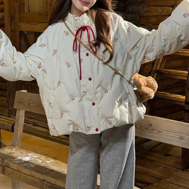 

Faionable Comfortable Soft Embroidered ort Cotton Jaet Women's Winter New Arrival PU Material Stand Fit Daily Wear