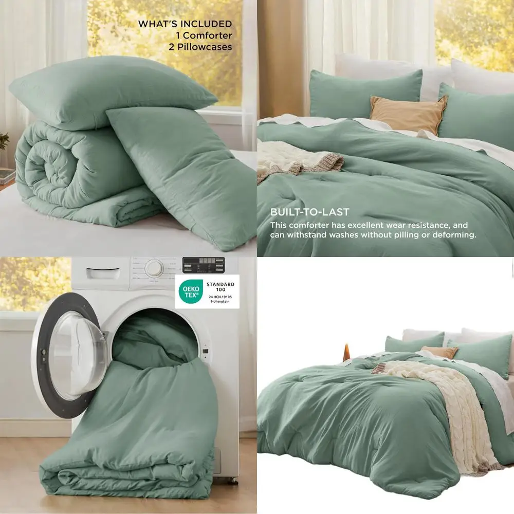 

Sage Green Prewashed Lightweight Comforter Set with 2 Pillowcases for All Seasons