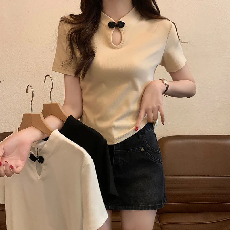 Short Sleeve T-shirt 2024 Summer Pan Buckle Slim Shoulder Solid Color Women's Top