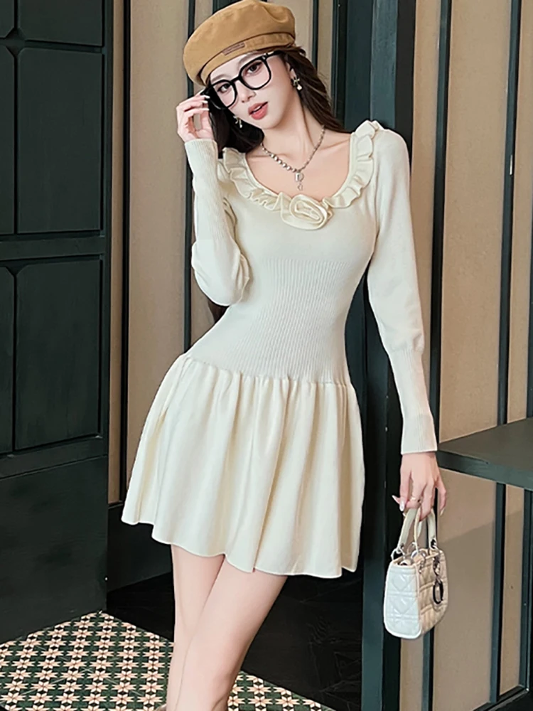 الخريف الشتاء الصلبة محبوك كم طويل تكدرت ساحة طوق فستان قصير المرأة فستان كاجوال أنيق 2025 الكورية Bodycon البلوزات #3