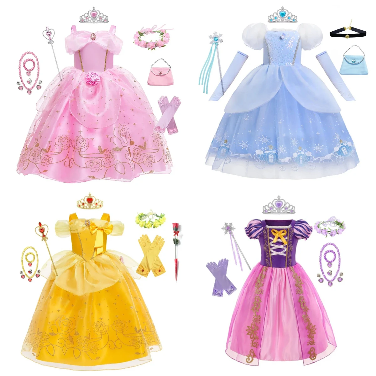 Girls Pink Shoulderless Tutu Dresses Little Girls Summer Kid Birthday Party Pincess Dress Auora Belle Cinderlla Cosplay Costumes