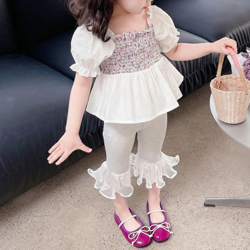 2024 Summer Girls New Square Collar Pleated Casual Fashion Sweet Cute Slim Short Sleeve Elastic Spliced Gauze Flare Pants Sets