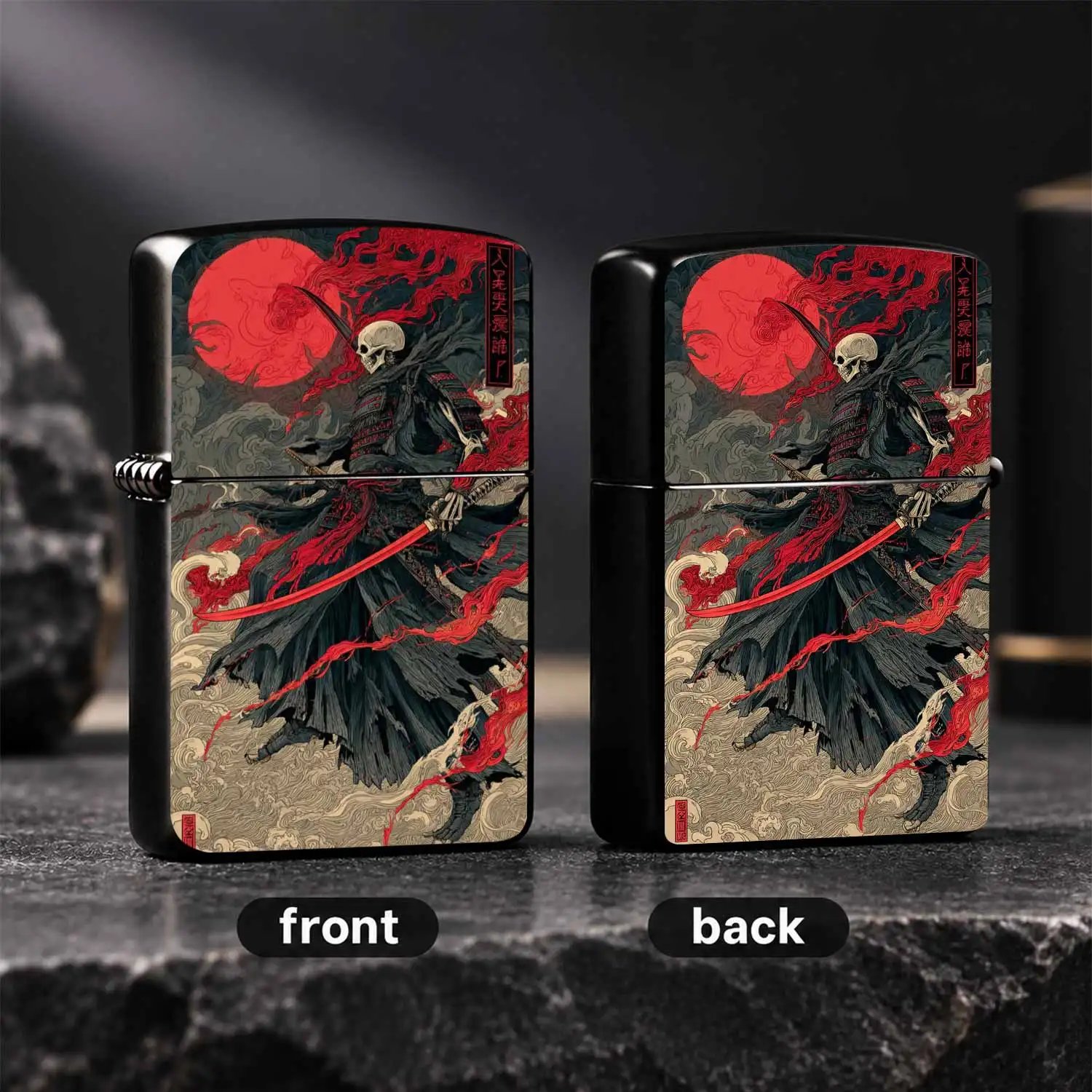 Ukiyo-E Style Skeleton Samurai Themed Lighter, Red Moon Flaming Vibe Exquisite Portable Daily Carry Accessory, Unique Creative Collectible Practical Item, Perfect For Gifting And Personal Use, Fits All Kinds Of Scenarios To Stunning Cool Au