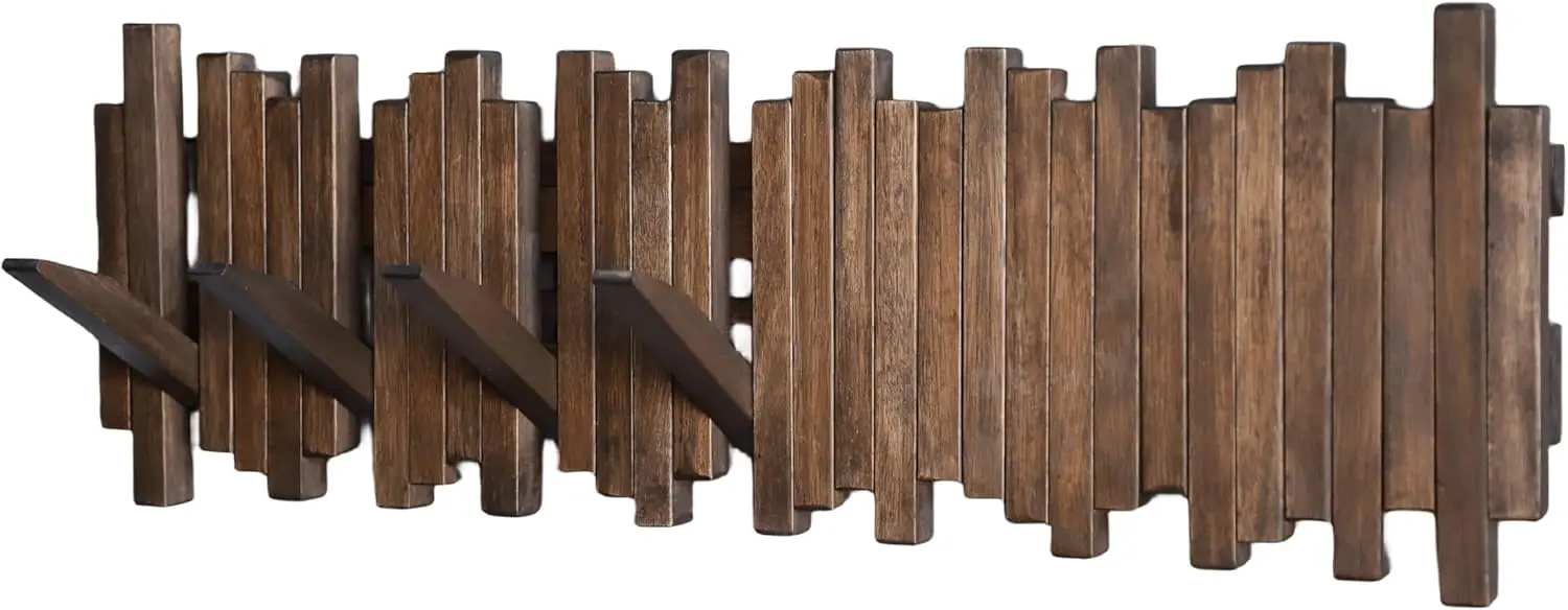 

Acacia Wood Wall Mounted Coat Rack with 7 Flip-Down Hooks, Entryway Storage & Decorative Wall Art