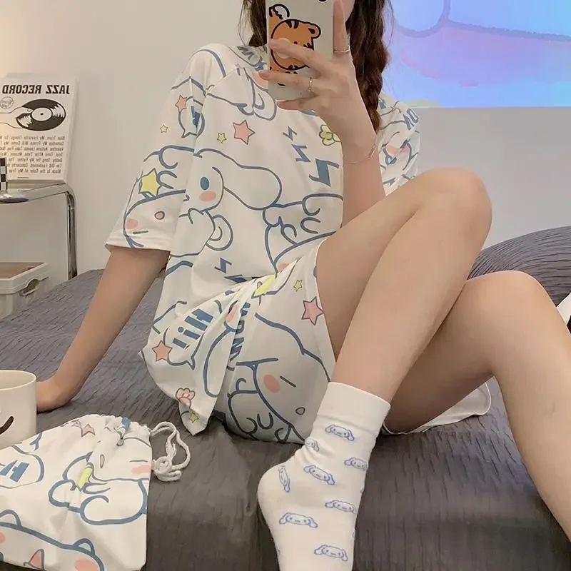 Kawaii Sanrio Anime Cinnamoroll Kuromi Pajamas Summer Simple Fashion Delicate Cute Casual Loose Comfortable Soft Girly Set Gift